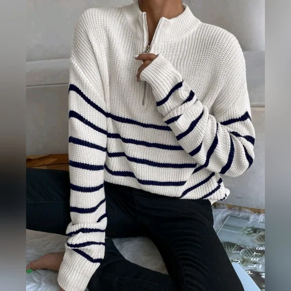 NEW Chic Zip Striped Oversized Knit Pullover Sweater Top White Black - Picture 1 of 8